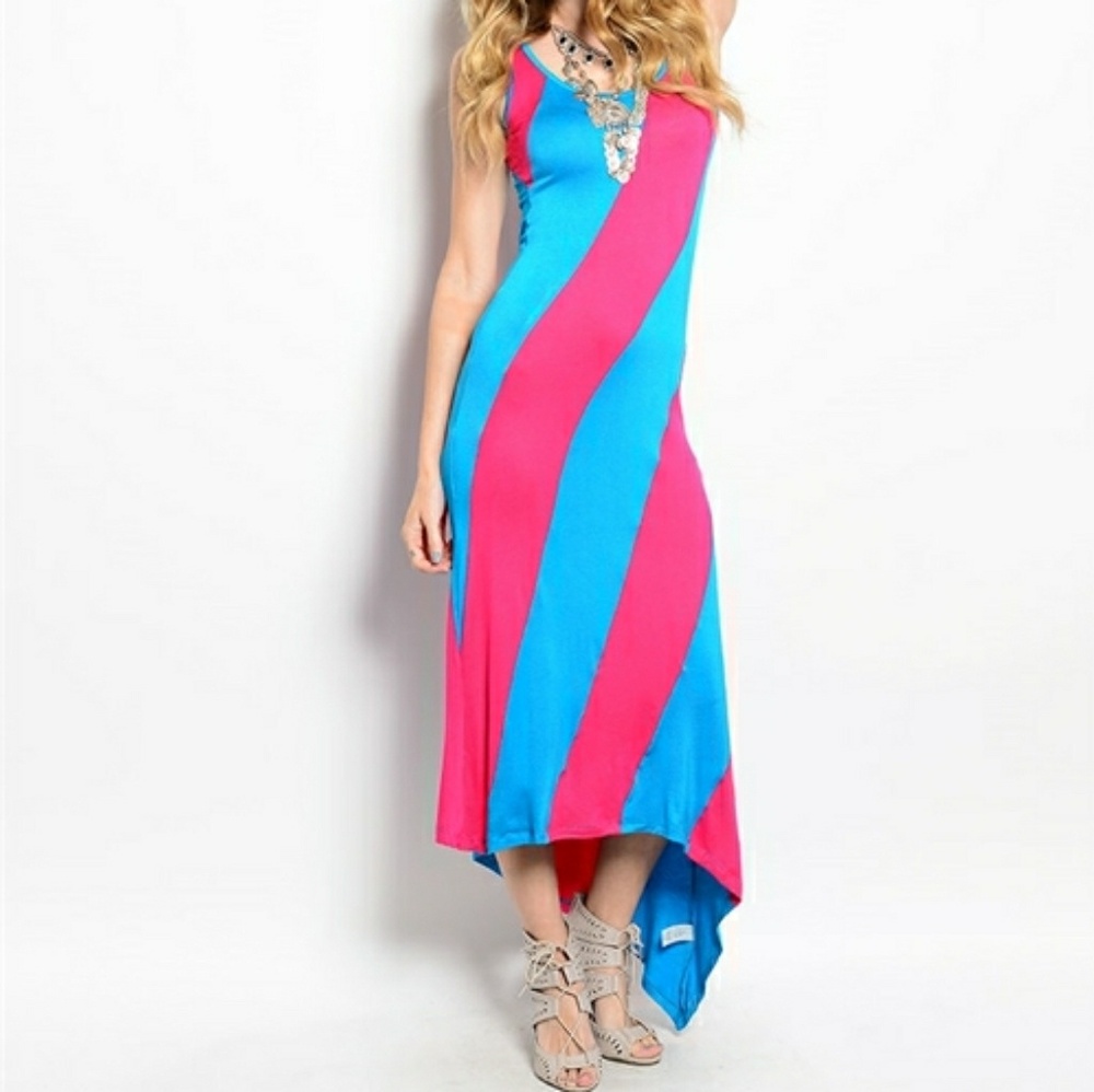 Pink/Turquoise Asymmetric Tank Top Maxi Dress - Picture 1 of 3